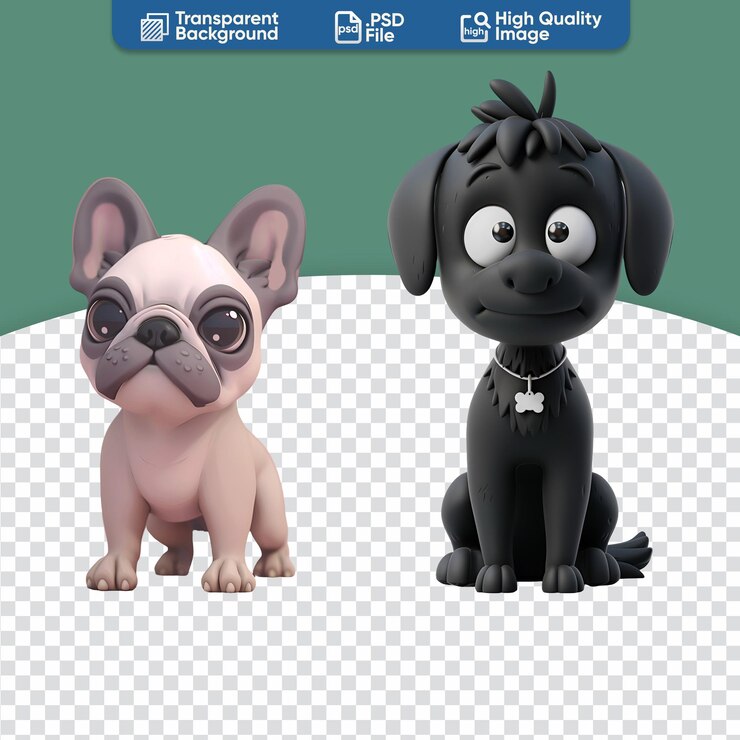 PSD conjunto de perros lindos bulldog francés y perro negro en estilo de ilustración de dibujos animados en 3d
