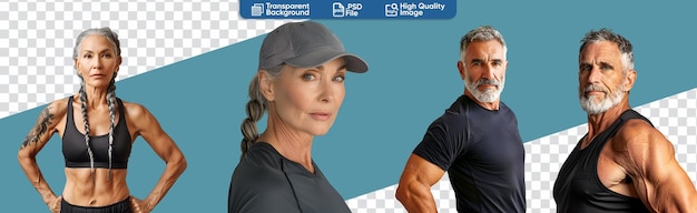 Conjunto de personas de fitness hombre y mujer ancianos sanos que llevan una vida mejor
