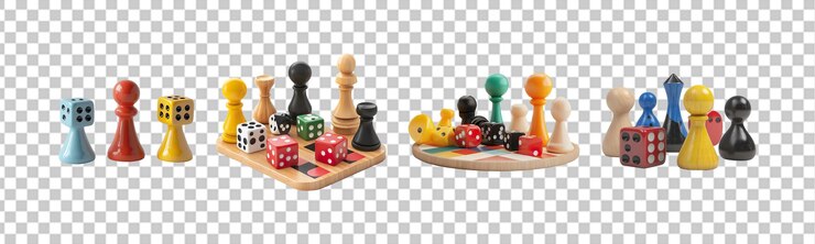 PSD conjunto de piezas y dados de juegos de mesa aislados sobre un fondo transparente