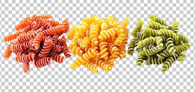 PSD conjunto de pilas de coloridas colecciones de pasta fusilli aisladas de fondo transparente