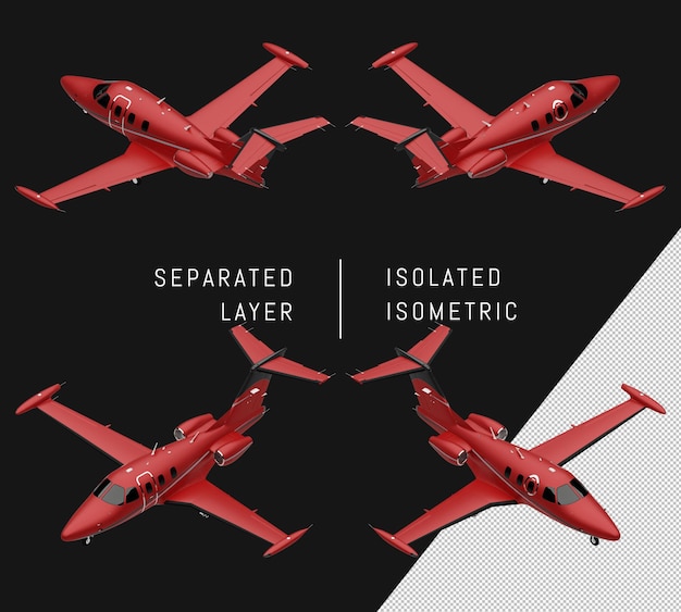 PSD conjunto de plano isométrico de aviones jet de negocios rojo aislado