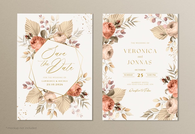 PSD conjunto de plantillas de invitación de boda con decoración floral y hojas secas