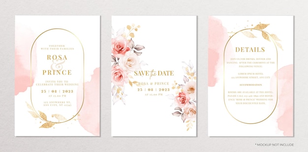 PSD conjunto de plantillas de invitaciones de bodas en acuarela con decoración floral y de hojas rosas