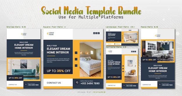 Conjunto de plantillas de redes sociales editables de varios tamaños con tema de diseño de interiores y muebles