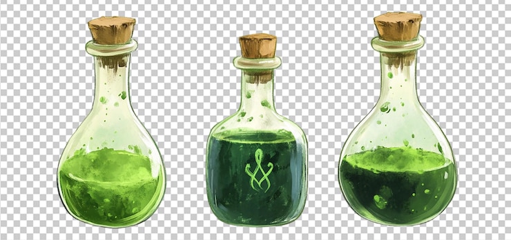 PSD conjunto de poción de brujas verde fondo transparente aislado