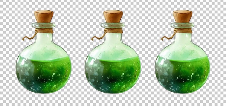 PSD conjunto de poción de brujas verde fondo transparente aislado
