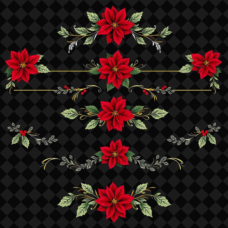 PSD conjunto de poinsettias icicles holly leaves y garland swags rubí rojo y blanco helado estilo barroco