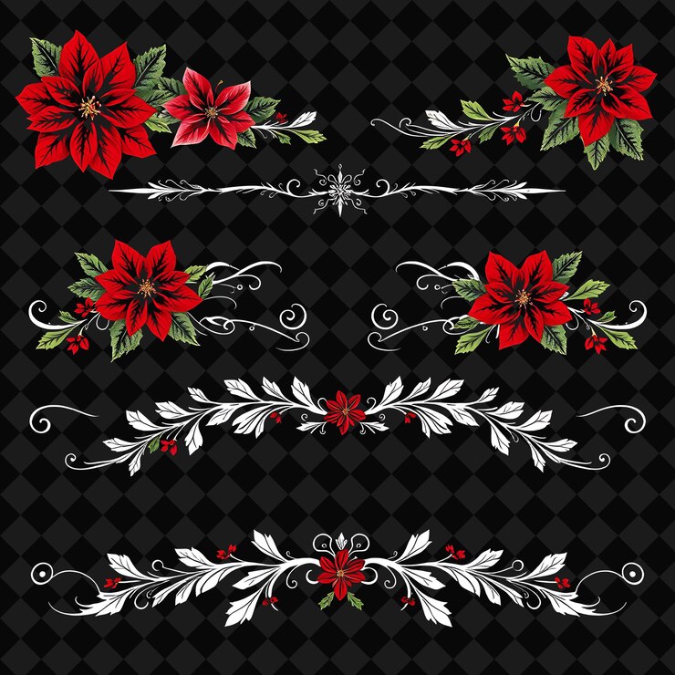 PSD conjunto de poinsettias icicles holly leaves y garland swags rubí rojo y blanco helado estilo barroco