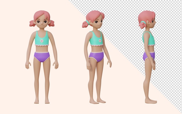 PSD conjunto de posturas de niña de renderizado 3d