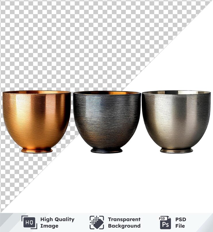 PSD conjunto premium de cuencos metálicos cepillados con un acabado mate aislados sobre un fondo transparente