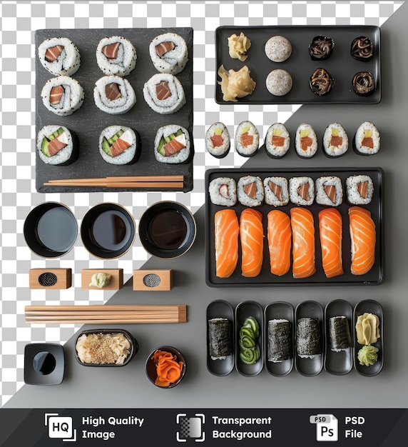 PSD el conjunto de preparación de sushi premium de psd presenta una variedad de rollos de sushi, incluidos rollos blancos, negros y blancos y negros, así como un negro.