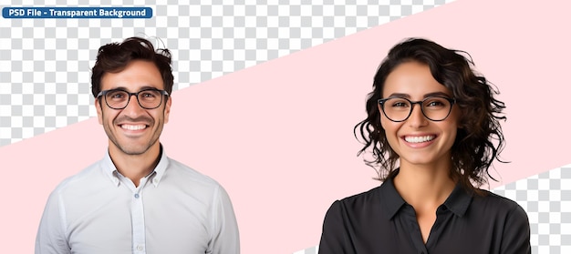 Conjunto de profesores, hombre y mujer, felices y con gafas.