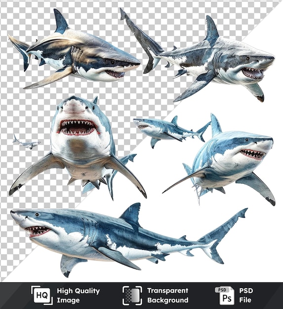 Conjunto de psd de fondo transparente con varias formas y tamaños de tiburones