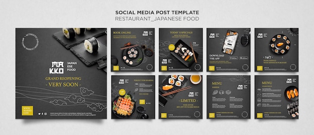 PSD conjunto de publicación de redes sociales de restaurante de sushi.
