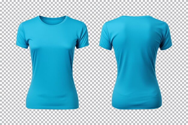 PSD conjunto realista de camisetas azules femeninas maqueta de vista frontal y posterior aisladas en un fondo transparente