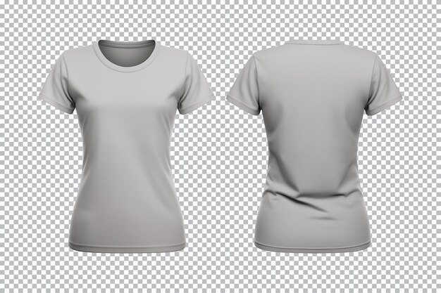 PSD conjunto realista de camisetas grises femeninas maqueta vista frontal y posterior aislada sobre fondo transparente