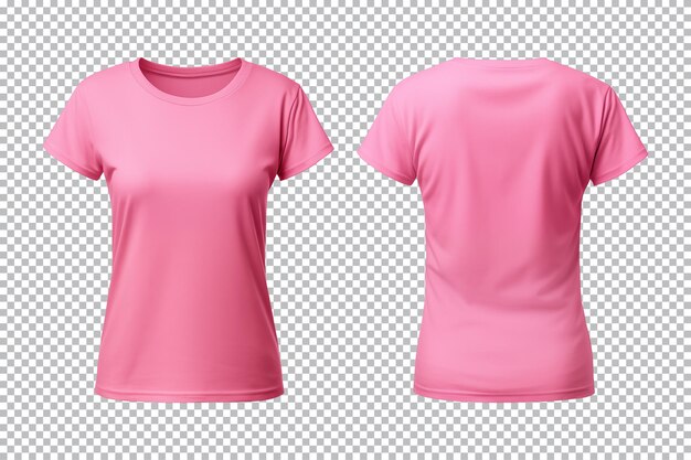 PSD conjunto realista de camisetas rosadas femeninas maqueta de vista frontal y posterior aisladas en un fondo transparente