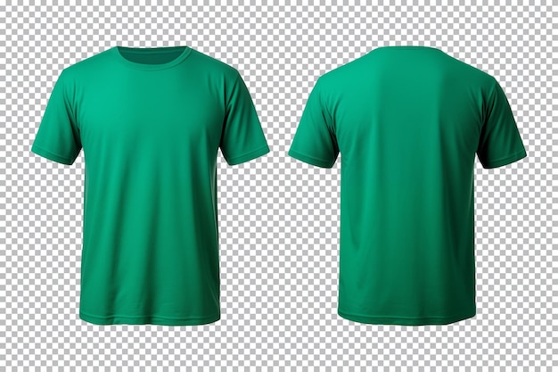 PSD conjunto realista de camisetas verdes masculinas maqueta de vista frontal y posterior aisladas en un fondo transparente