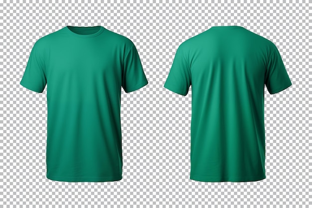 PSD conjunto realista de camisetas verdes masculinas maqueta de vista frontal y posterior aisladas en un fondo transparente