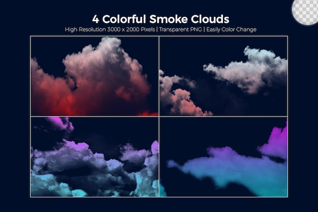 Conjunto realista de coloridas nubes de humo de niebla sobre fondo azul