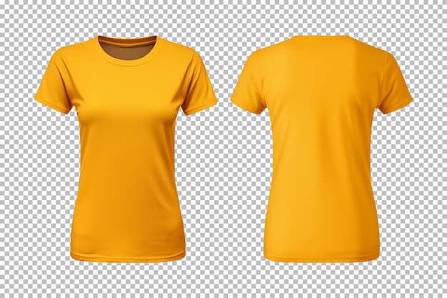 PSD conjunto realista de maquete de camisetas amarelas femininas vista frontal e traseira em fundo transparente