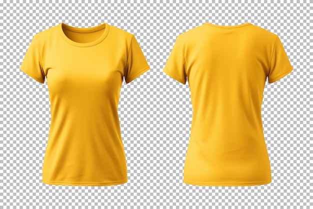 PSD conjunto realista de maquete de camisetas amarelas femininas vista frontal e traseira em fundo transparente