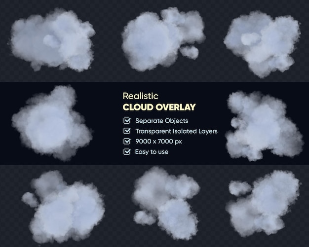 PSD conjunto realista de nuvens fofas isoladas brancas no fundo transparente. renderização em 3d