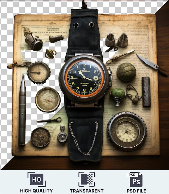 PSD un conjunto de recuerdos de aviación vintage, un reloj, un compás, un telescopio y otros artículos expuestos en una mesa de madera acompañados de una cadena de plata de reloj negro y un pequeño reloj.