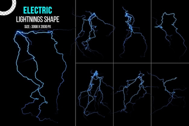 Conjunto de relámpagos de energía eléctrica y relámpagos de tormenta azul