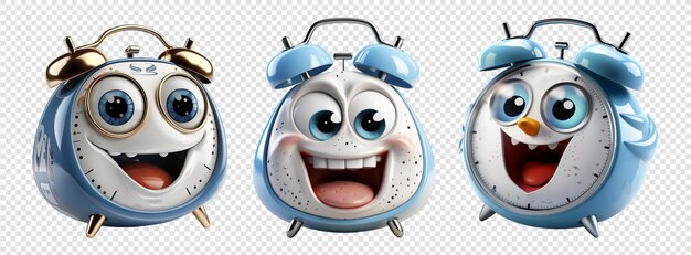 PSD conjunto de reloj despertador personajes de cara linda con expresiones faciales sonrientes