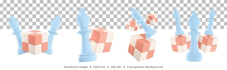 PSD conjunto de renderizado 3d de icono de piezas de ajedrez con rompecabezas de cubo