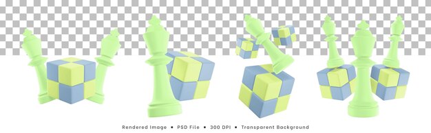 Conjunto de renderizado 3d de icono de piezas de ajedrez con rompecabezas de cubo