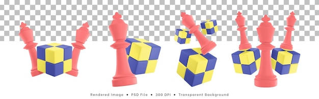 Conjunto de renderizado 3d de icono de piezas de ajedrez con rompecabezas de cubo