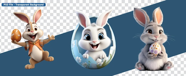 Conjunto renderizado en 3d de ilustraciones de conejos de dibujos animados con conejo de pascua con huevo.