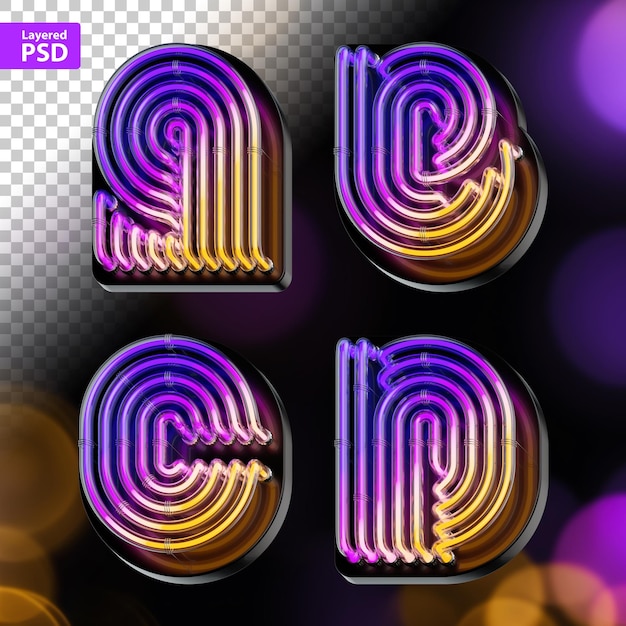 PSD conjunto renderizado en 3d de letras en negrita hechas de tubos de neón brillantes con gradiente de colores