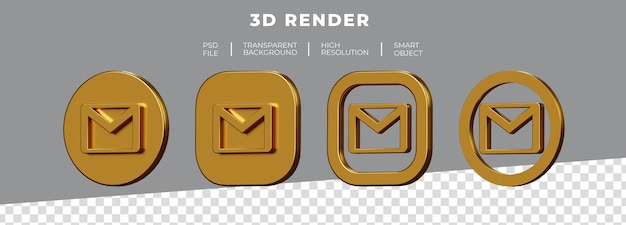 Conjunto de renderizado 3d del logo dorado de gmail aislado