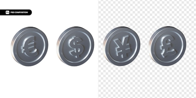 Conjunto de representación 3d de moneda de cambio de plata aislada