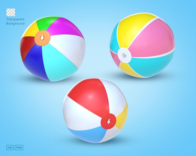 Conjunto de representación 3d de pelotas de playa con diferentes colores