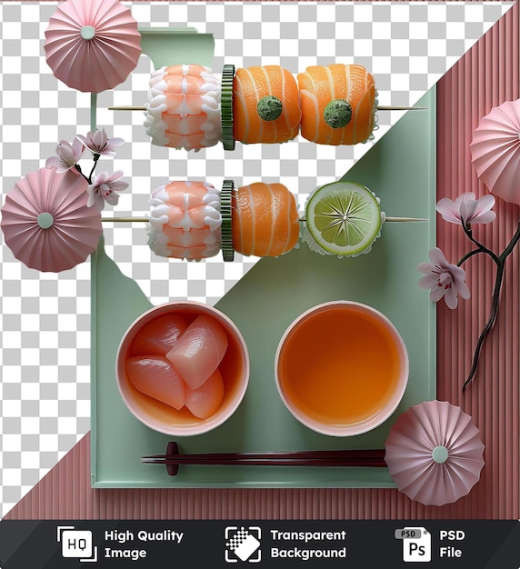 Conjunto de robatayaki psd transparente de alta calidad con una variedad de alimentos y bebidas, incluida una flor blanca y rosa una flor rosa y blanca una taza blanca un
