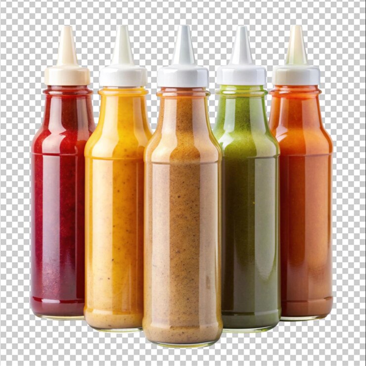 PSD conjunto de sabrosas salsas en botellas sobre fondo blanco