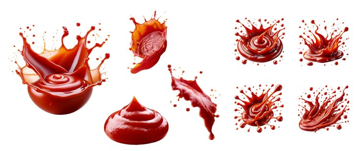 PSD conjunto de salpicaduras rojas de ketchup de tomate aisladas en fondo blanco recortado