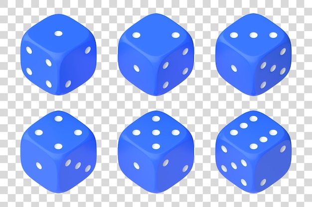 Conjunto de seis dados azules con puntos blancos colgando en la mitad de la vuelta que muestran diferentes números dados de suerte 3d