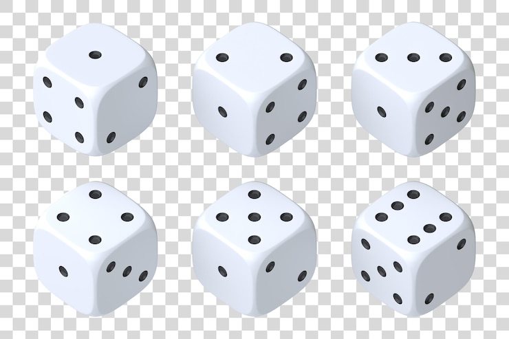 PSD conjunto de seis dados blancos con puntos blancos colgando en media vuelta mostrando diferentes números lucky dice 3d