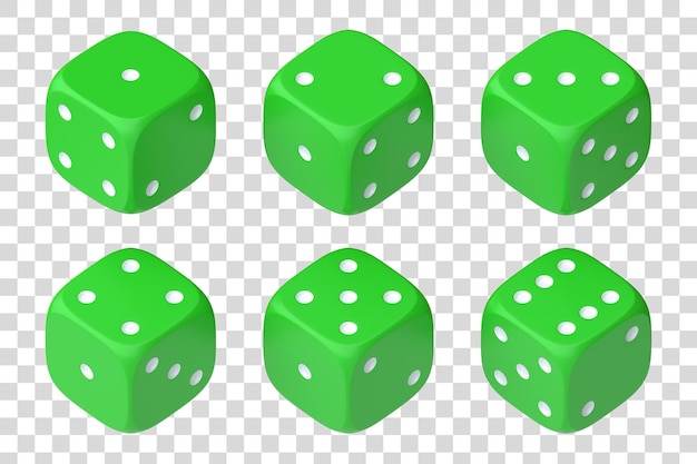 Conjunto de seis dados verdes con puntos blancos colgando en media vuelta mostrando diferentes números Lucky Dice 3D