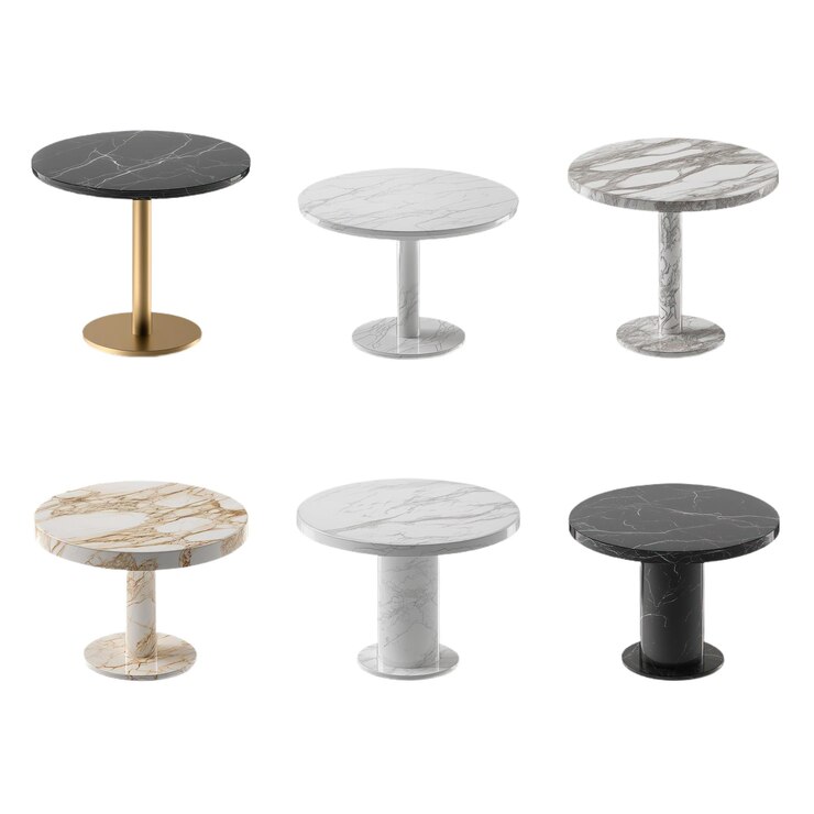 Conjunto de seis mesas redondas de mármol de diseño minimalista moderno aisladas en transparente aislado