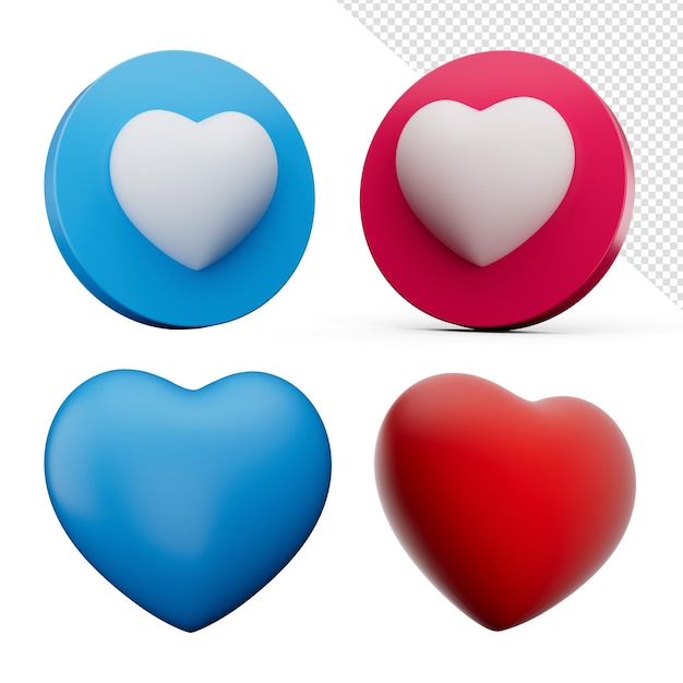 Conjunto de símbolos de corazones de amor de redes sociales con iconos redondeados en fondo blanco Ilustración 3d