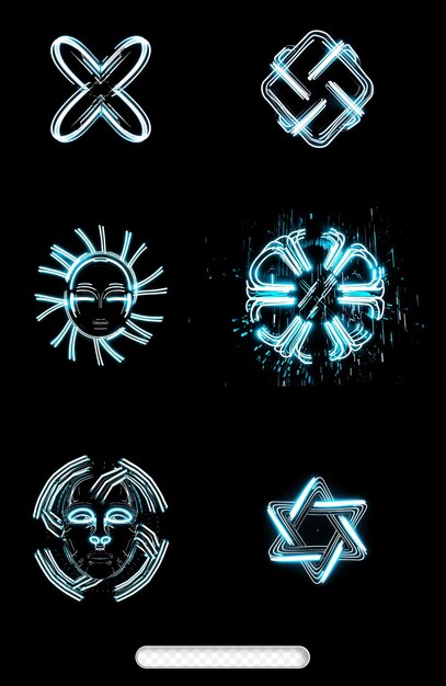 Conjunto de símbolos de neón con fondo transparente con diseños y patrones intrincados