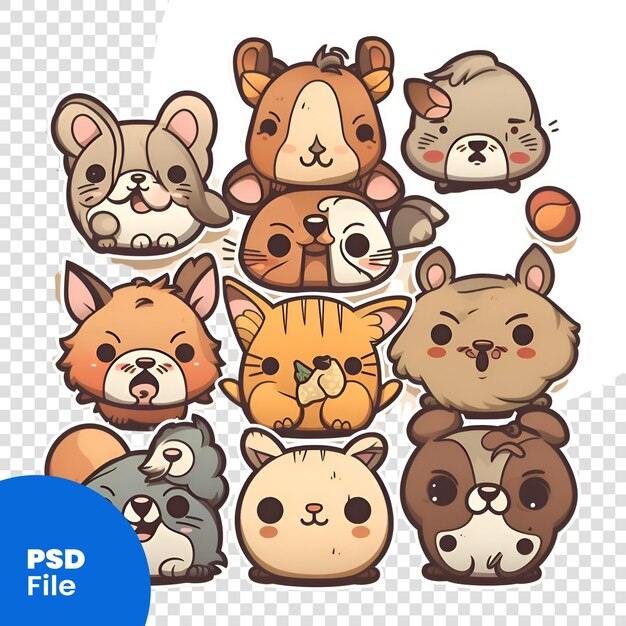 PSD conjunto de simpáticos animales de dibujos animados ilustración vectorial aislada en fondo blanco plantilla psd