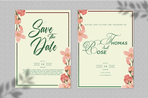 conjunto de tarjeta de invitación de boda floral acuarela suave psd