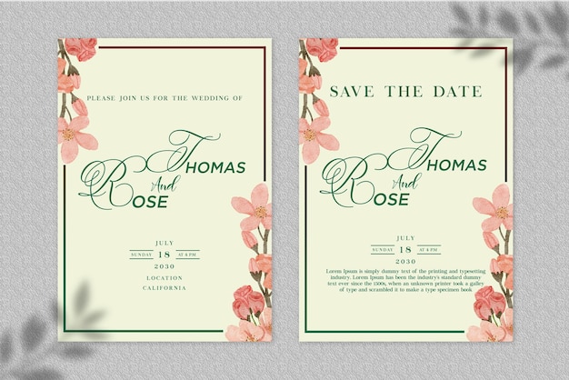 Conjunto de tarjeta de invitación de boda floral acuarela suave psd